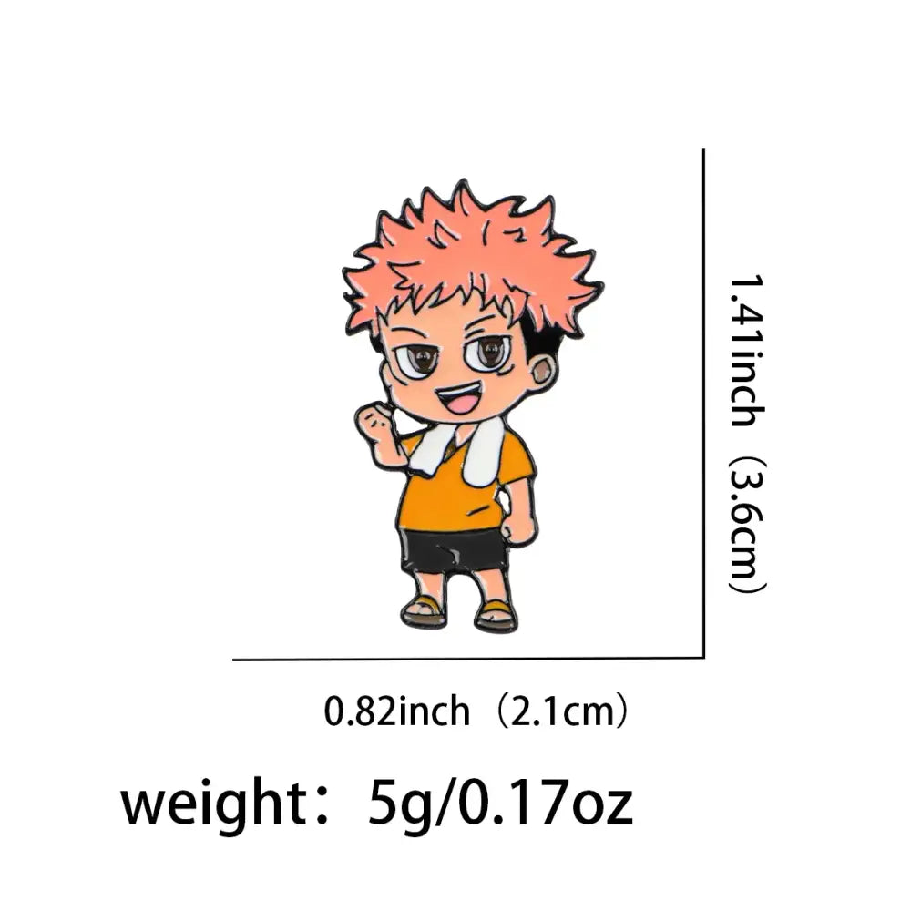 Orange and black anime enamel pin with spiky pink hair wearing yellow shirt and black shorts pin cartoon brooch