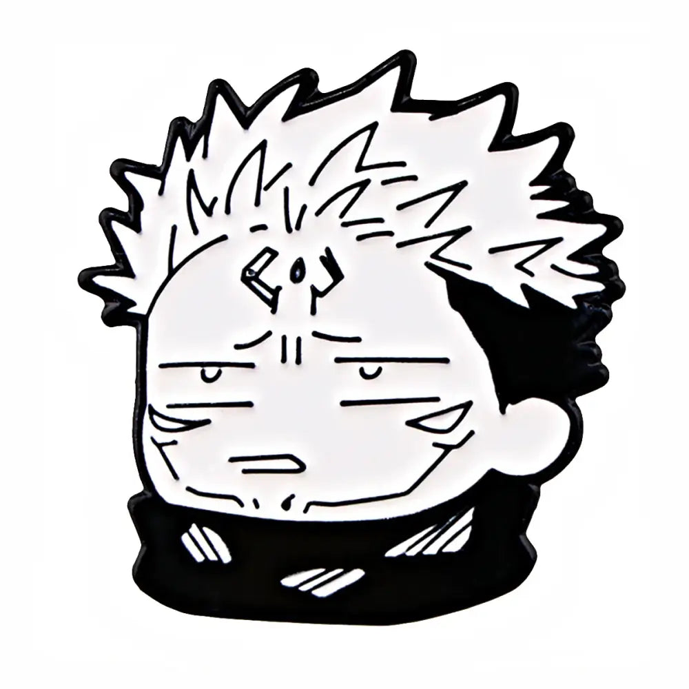 Black and white enamel pin cartoon featuring a stylized anime face with spiky hair as a backpack lapel badge