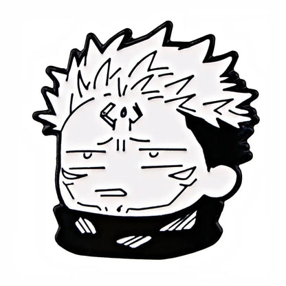 Black and white enamel pin cartoon featuring a stylized anime face with spiky hair as a backpack lapel badge