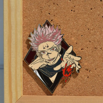 Diamond-shaped anime enamel pin with spiky pink hair character holding hand with blood-red markings pin cartoon brooch