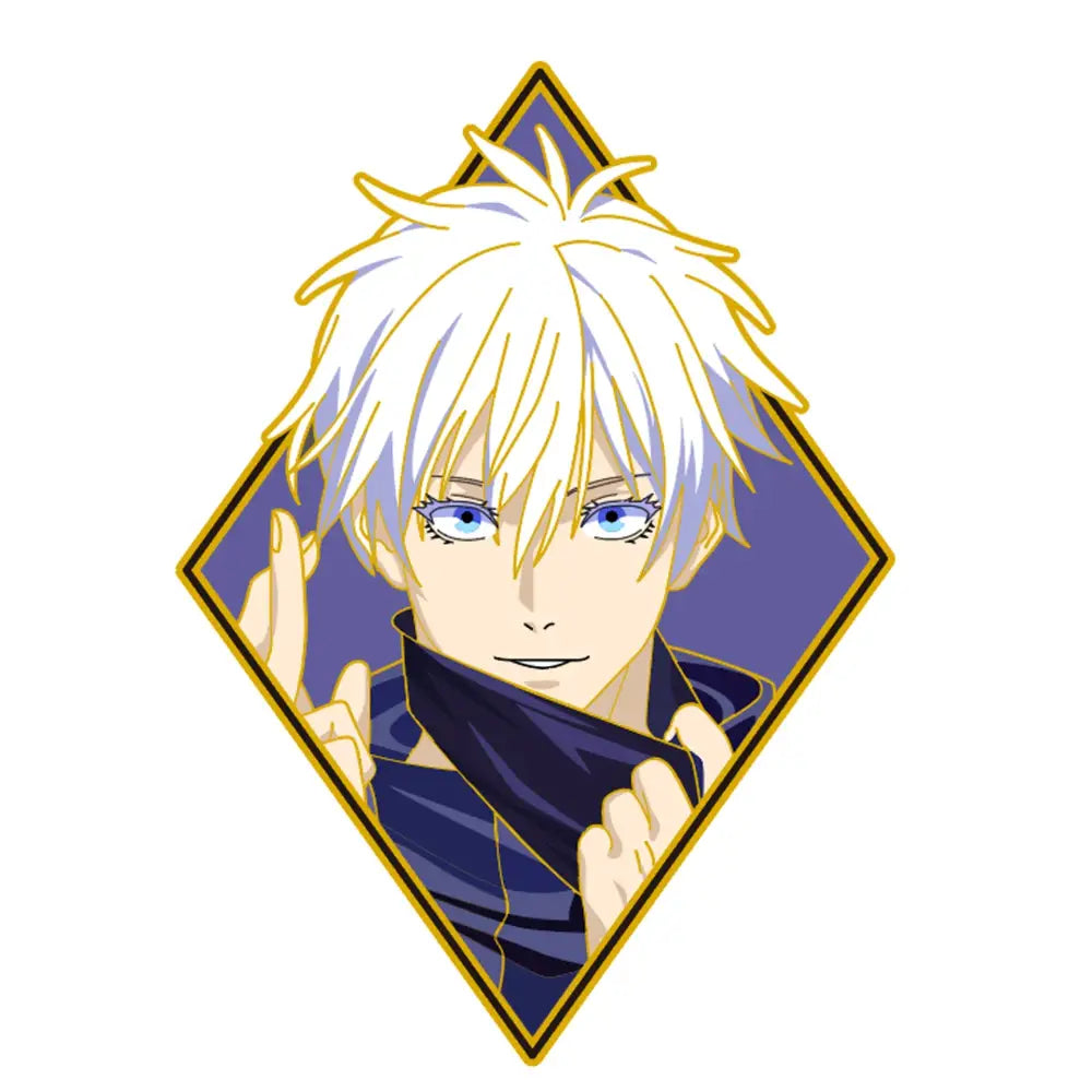 Diamond-shaped anime enamel pin with spiky white hair character in navy outfit enamel pin cartoon brooch for backpacks