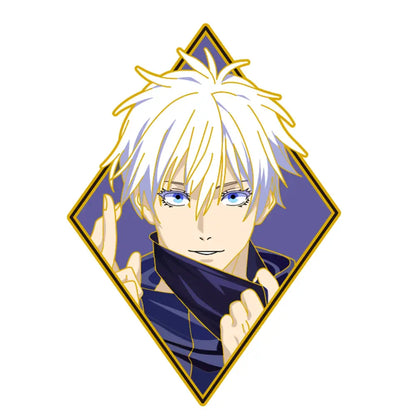 Diamond-shaped anime enamel pin with spiky white hair character in navy outfit enamel pin cartoon brooch for backpacks
