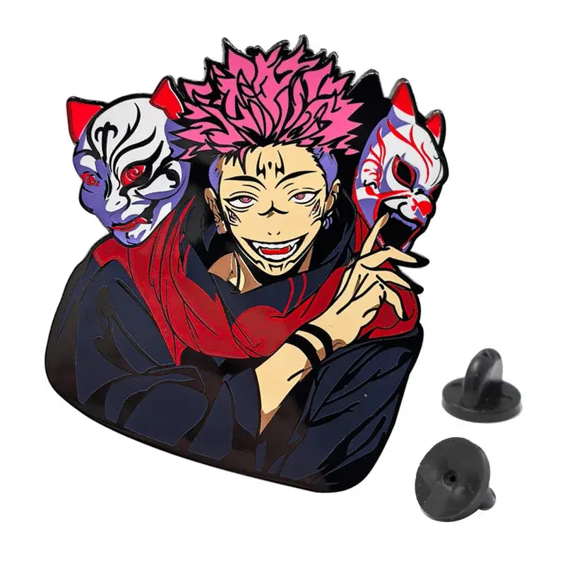 Vibrant pink spiky-haired anime enamel pin featuring two stylized masks in purple white and red white on black background