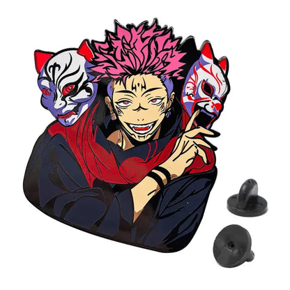 Vibrant pink spiky-haired anime enamel pin featuring two stylized masks in purple white and red white on black background