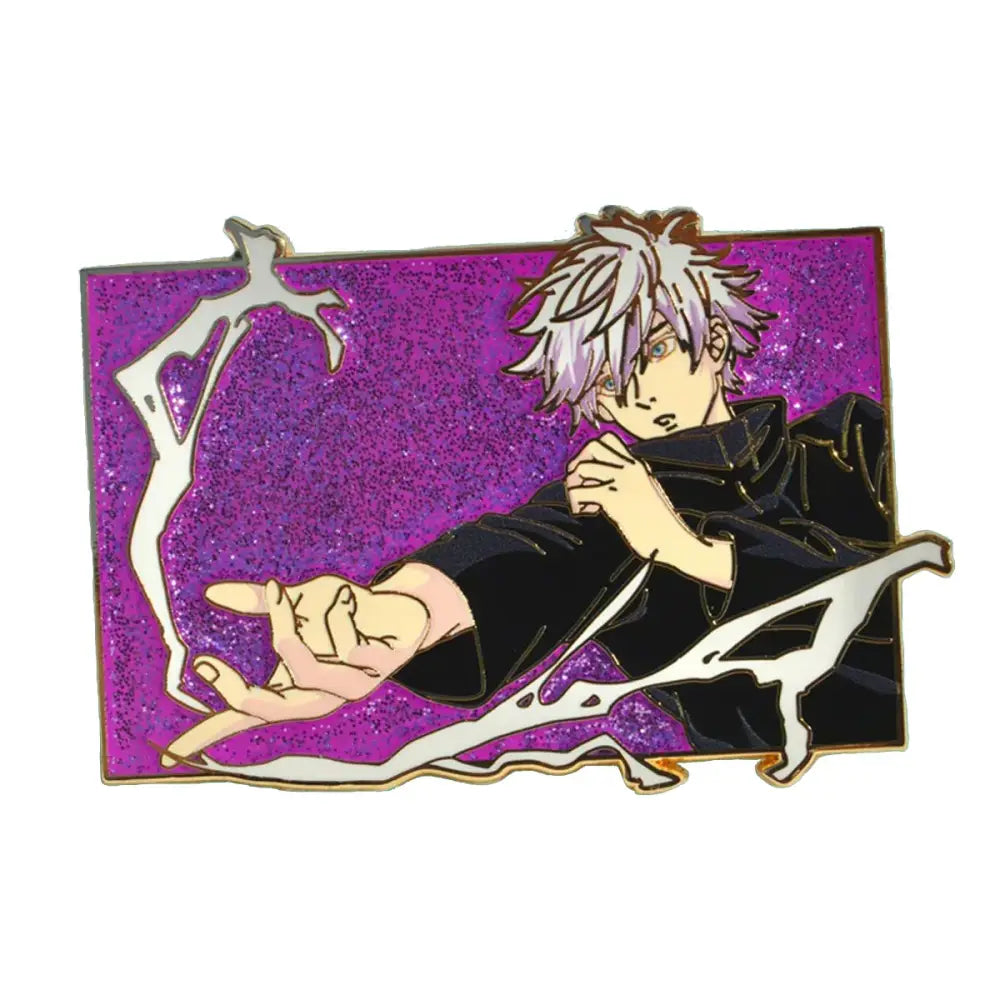 Purple glitter anime enamel pin featuring a silver-haired character in black attire pin cartoon brooch for backpacks