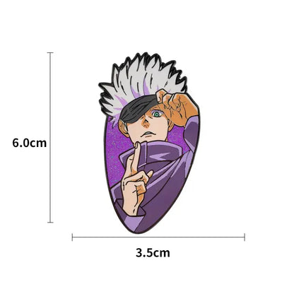 Purple enamel pin cartoon brooch featuring a spiky white haired anime character with eyepatch and cloak for backpacks