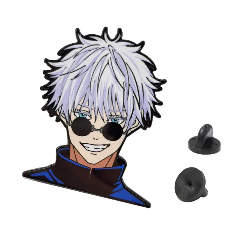 Glossy anime enamel pin cartoon featuring a smiling character with spiky white hair and round black sunglasses