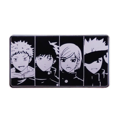 Black and white enamel pin cartoon featuring four jujutsu kaisen anime characters in a rectangular brooch design