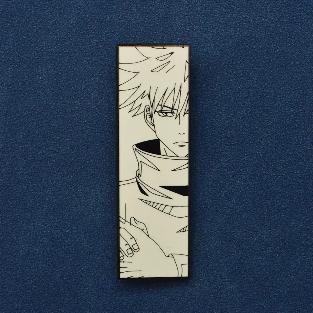 A rectangular enamel pin cartoon brooch with black and white anime enamel pin featuring a spiky hair character