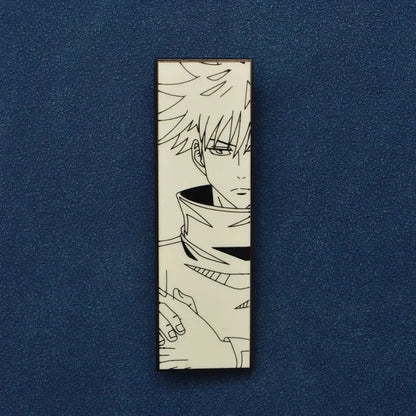 A rectangular enamel pin cartoon brooch with black and white anime enamel pin featuring a spiky hair character