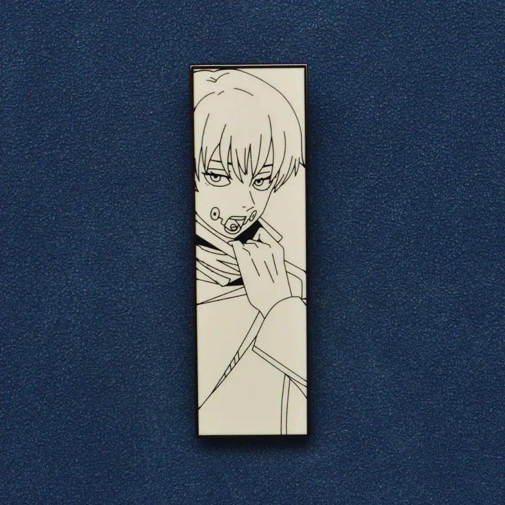 Anime enamel pin featuring a black and white line art anime character with short hair holding hand to mouth lapel badge
