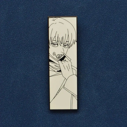 Anime enamel pin featuring a black and white line art anime character with short hair holding hand to mouth lapel badge