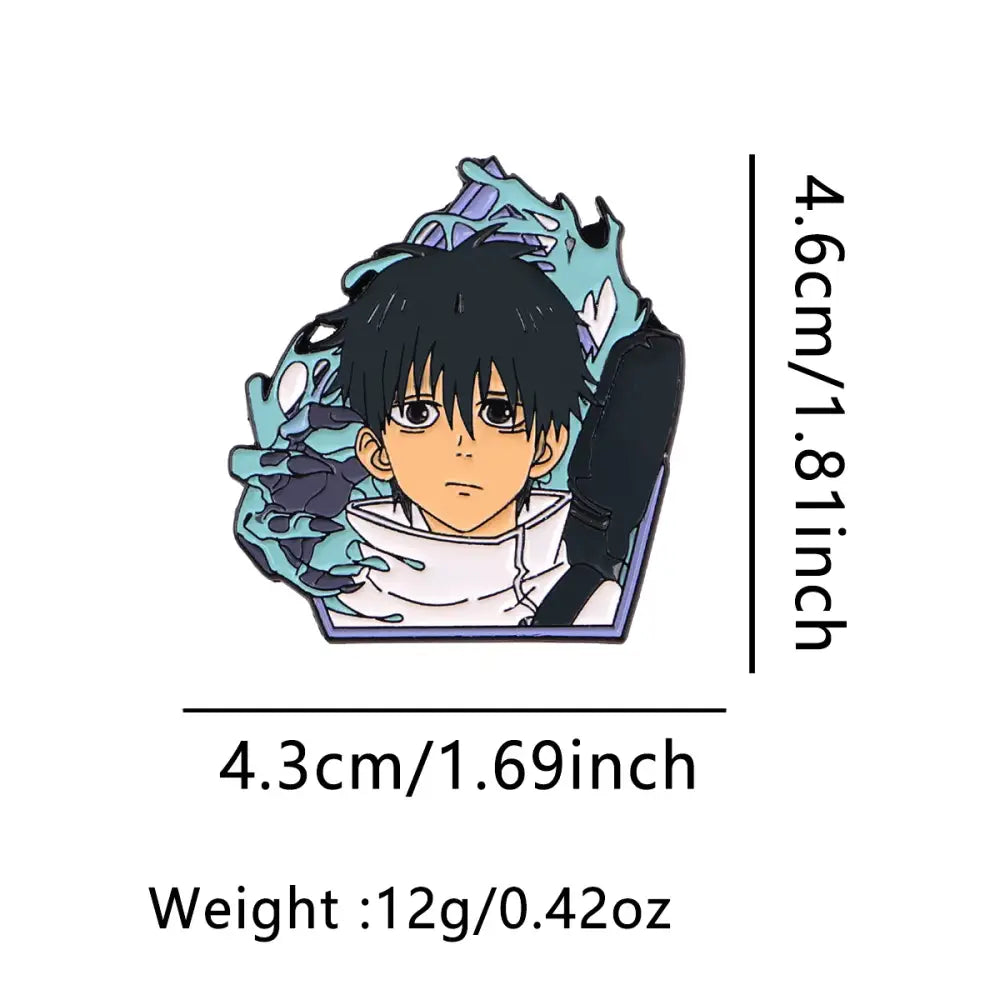 Metallic anime enamel pin featuring a black-haired character with teal and purple energy worn on a white shirt lapel