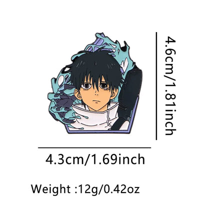 Metallic anime enamel pin featuring a black-haired character with teal and purple energy worn on a white shirt lapel