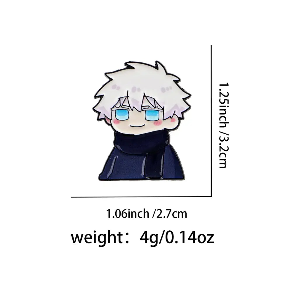 Cute chibi-style anime enamel pin with spiky white hair blue glasses and dark navy coat pin cartoon brooch design