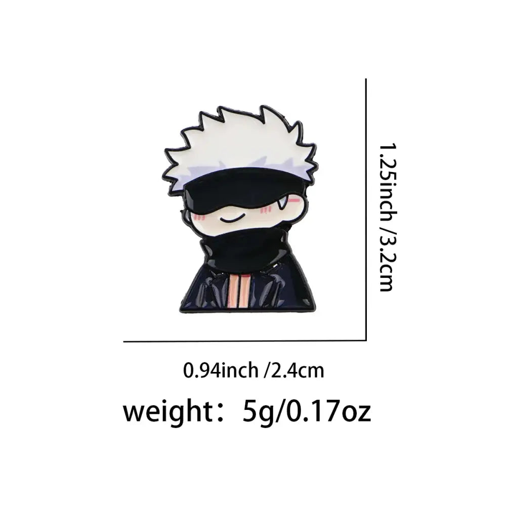 Black and white anime enamel pin cartoon brooch featuring a chibi character with spiky hair blindfold and scarf