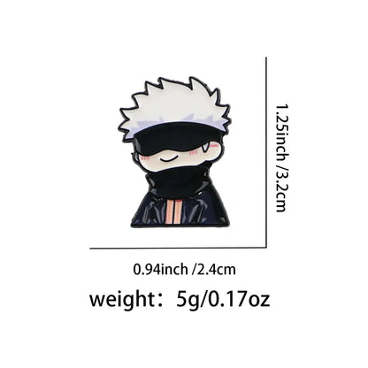 Black and white anime enamel pin cartoon brooch featuring a chibi character with spiky hair blindfold and scarf