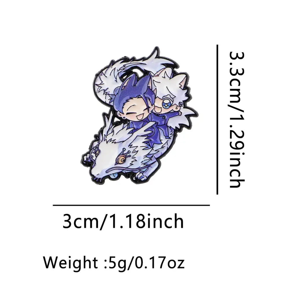 Anime enamel pin cartoon brooch featuring chibi blue hair characters with white wolf creatures in purple and silver tones
