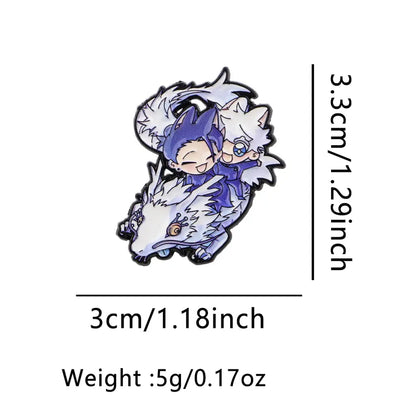 Anime enamel pin cartoon brooch featuring chibi blue hair characters with white wolf creatures in purple and silver tones