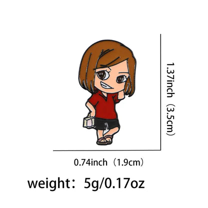Anime enamel pin cartoon brooch of a small glossy enamel pin featuring a girl with brown hair in red shirt and black shorts