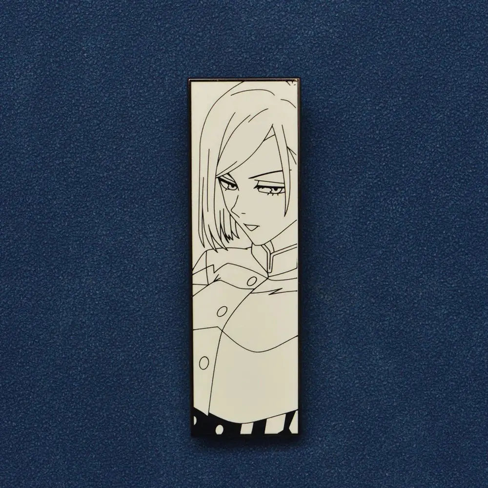Rectangular anime enamel pin with black and white line art of short-haired character for backpack lapel badge