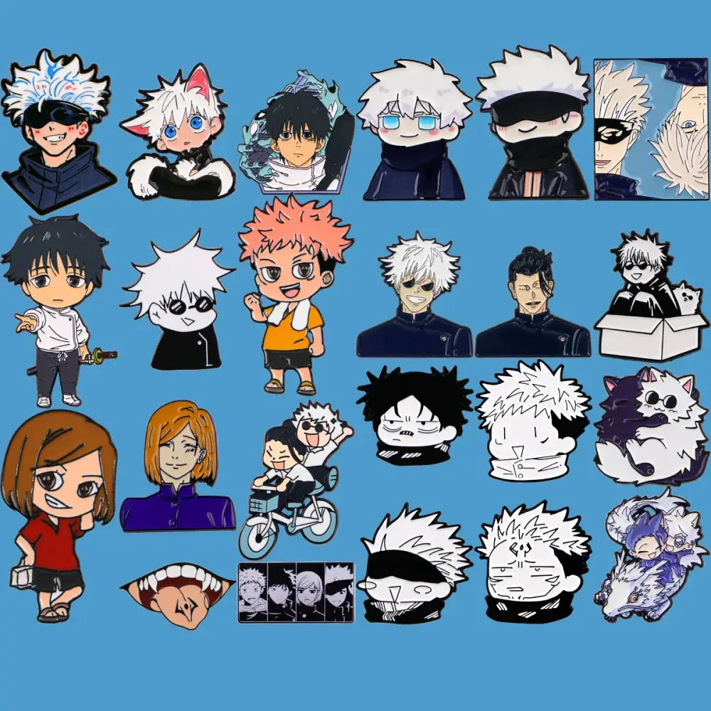 Collection of chibi-style jujutsu kaisen anime enamel pin cartoon brooch in black white and colorful accents for backpacks and lapels