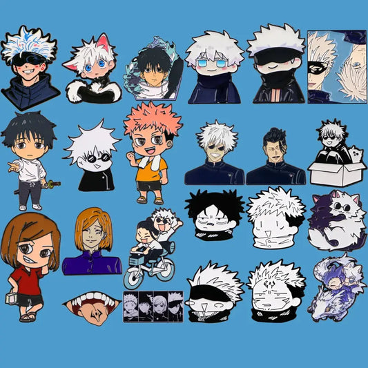 Collection of chibi-style jujutsu kaisen anime enamel pin cartoon brooch in black white and colorful accents for backpacks and lapels