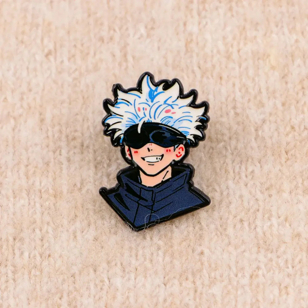 Glossy anime enamel pin featuring a cartoon character with spiky white hair and black sunglasses pin cartoon brooch