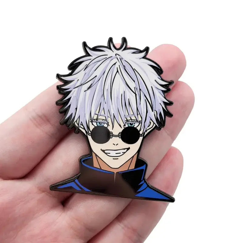 Glossy anime enamel pin cartoon featuring a character with spiky white hair and black glasses on a dark jacket