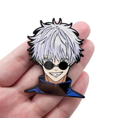 Glossy anime enamel pin cartoon featuring a character with spiky white hair and black glasses on a dark jacket