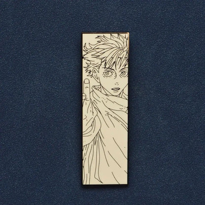 Rectangular anime enamel pin with black line-art spiky hair character on cream background for backpack lapel badge