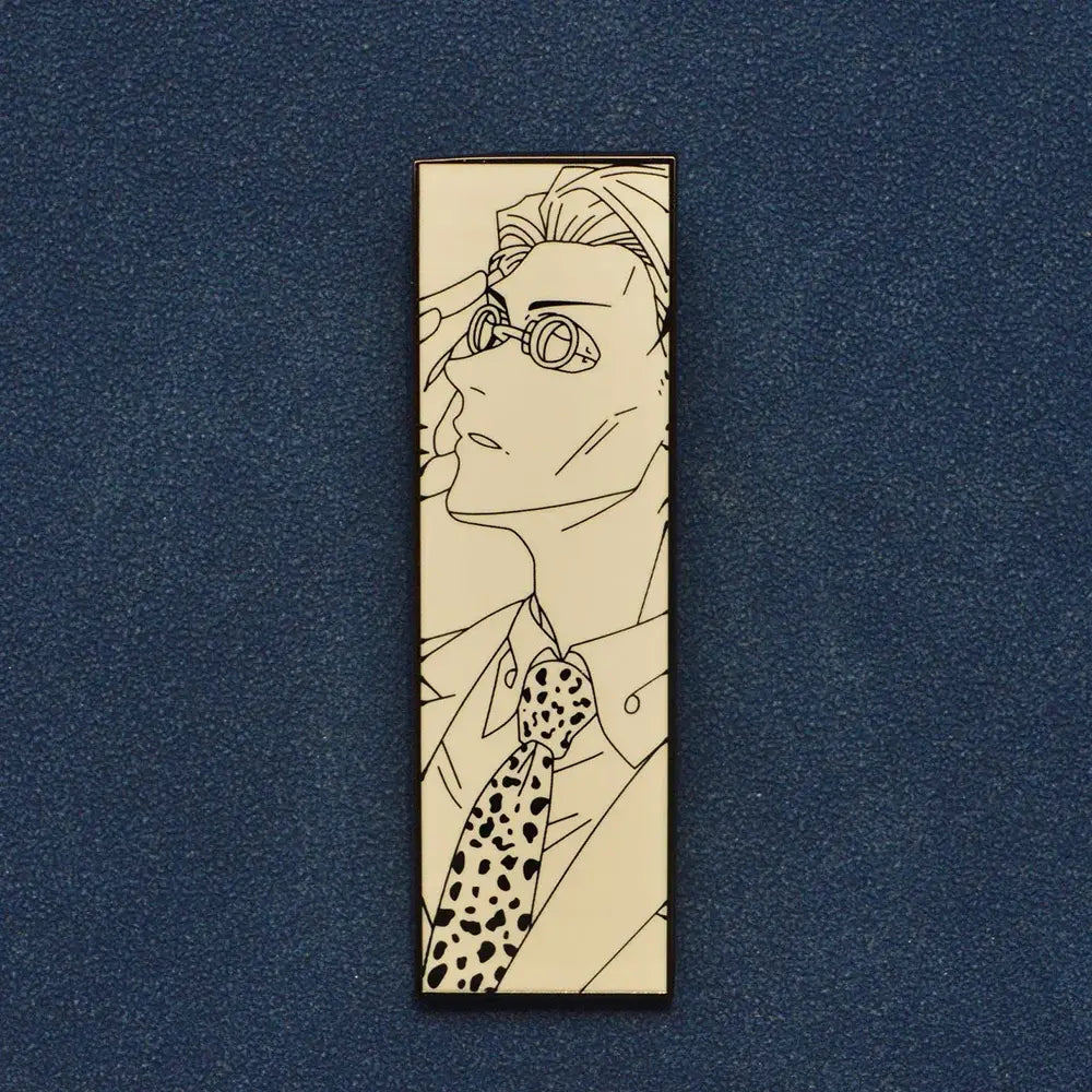 Rectangular anime enamel pin featuring black and white line-art of a character with glasses and leopard-print tie