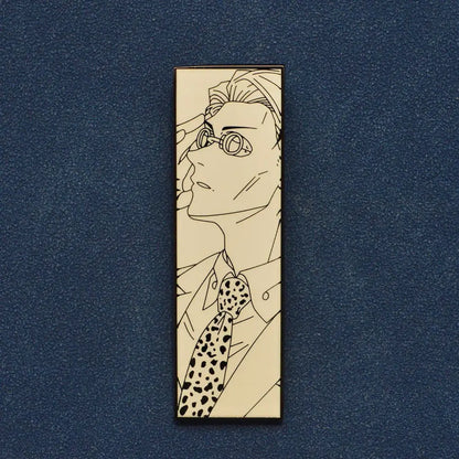 Rectangular anime enamel pin featuring black and white line-art of a character with glasses and leopard-print tie