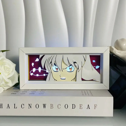 White rectangular led light box desk lamp featuring anime eyes and silver hair 3d paper carving design