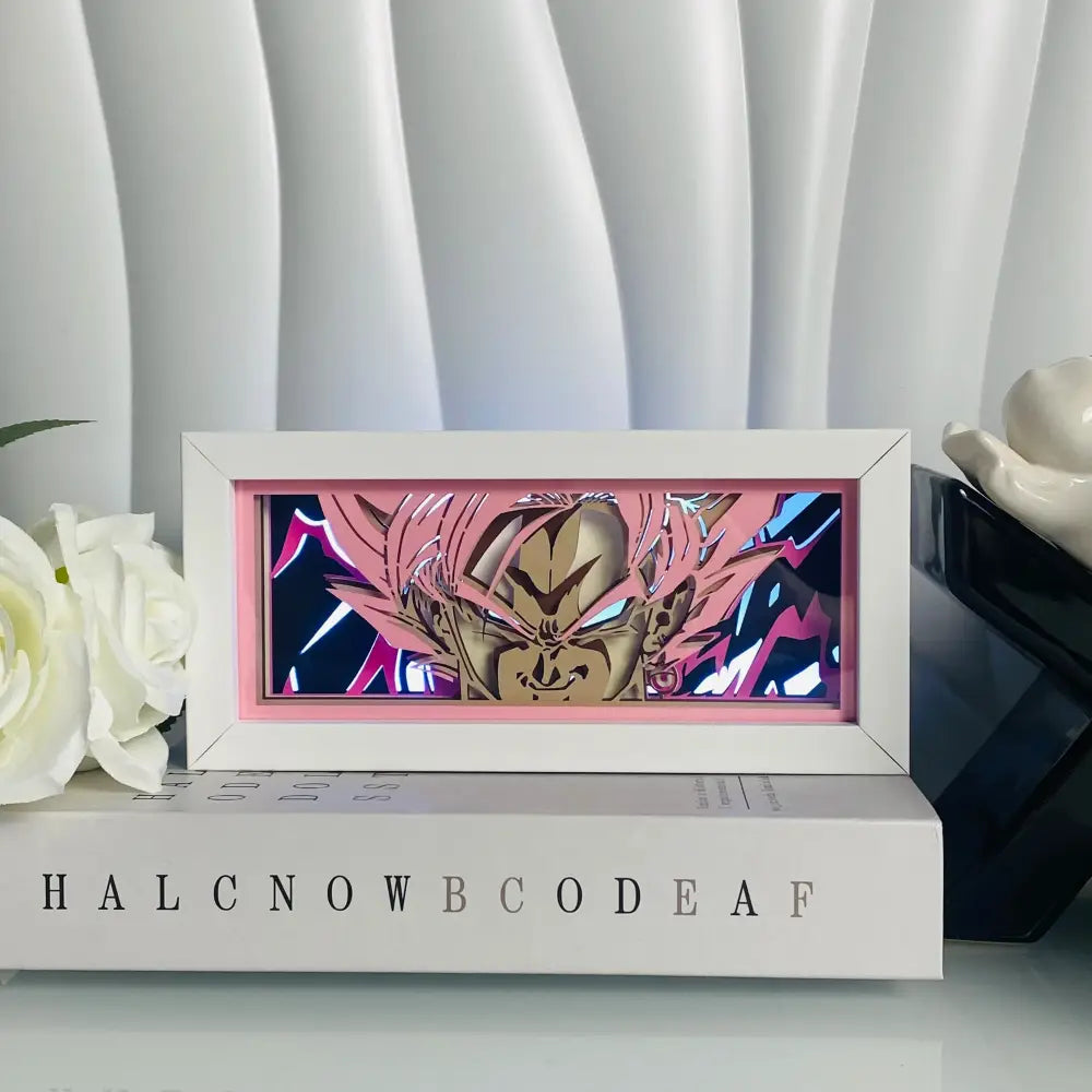 White-framed anime eyes shadow box LED lamp with vibrant blue super saiyan goku paper carving light box design