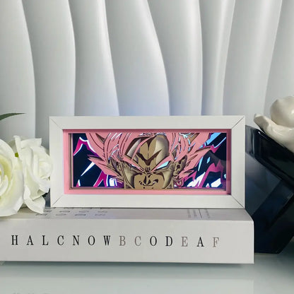 White-framed anime eyes shadow box LED lamp with vibrant blue super saiyan goku paper carving light box design