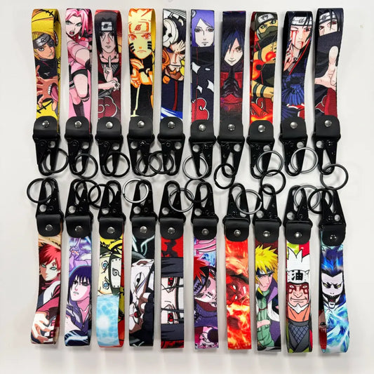 A collection of colorful anime figure eagle beak keychains featuring metal keyring and black plastic clasps