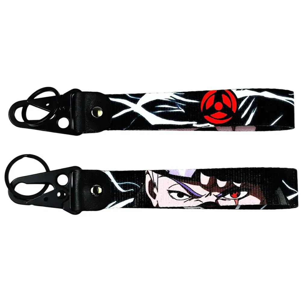 Black fabric lanyard with anime figure eagle design and red sharingan eye emblem metal keyring with eagle beak charm