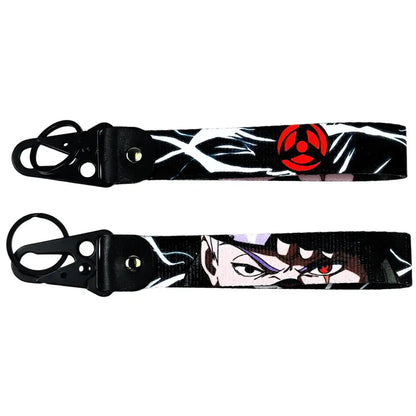 Black fabric lanyard with anime figure eagle design and red sharingan eye emblem metal keyring with eagle beak charm