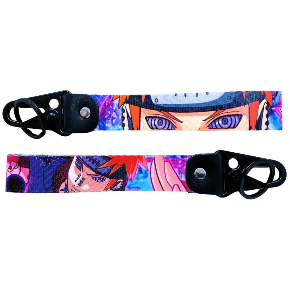 Vibrant anime figure eagle beak keychain with red hair character fabric lanyard and black metal keyring clips
