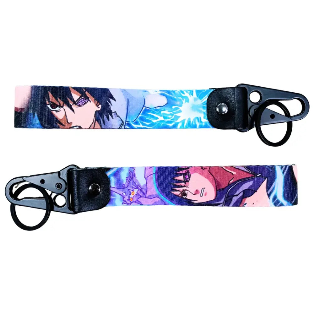 Anime figure eagle beak keychain featuring printed fabric design with black metal keyring and hardware