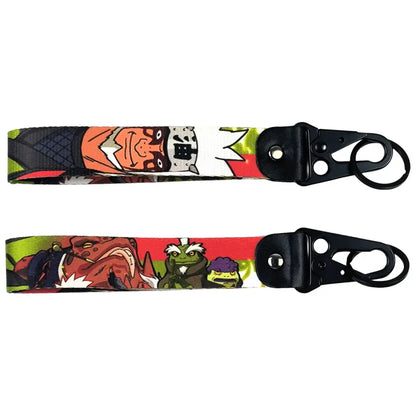 Two colorful anime figure eagle keychains with eagle beak design metal keyring and black plastic clasps
