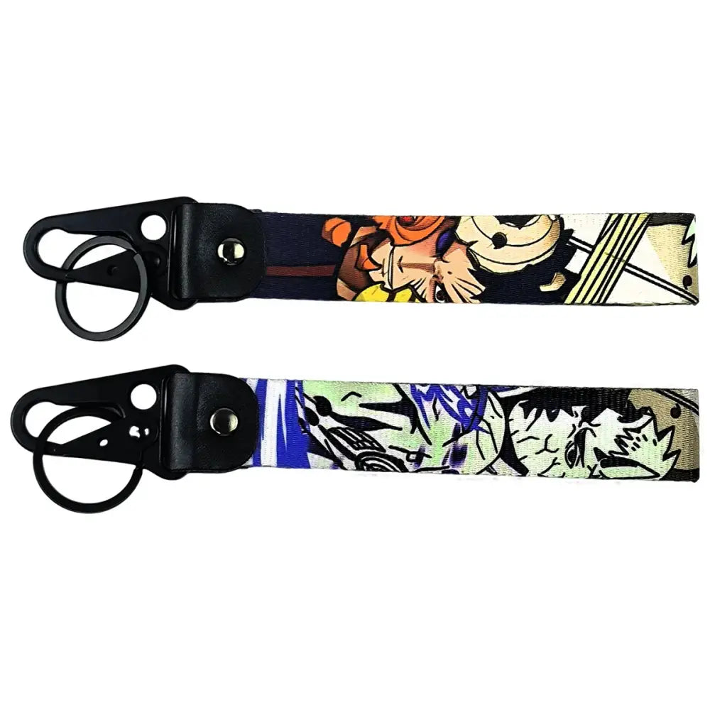 Two black anime figure eagle beak keychains with colorful fabric straps and sturdy metal keyrings for daily use