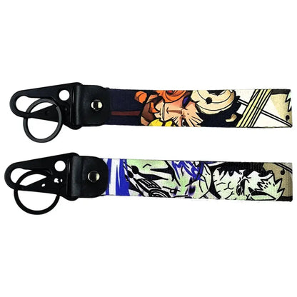Two black anime figure eagle beak keychains with colorful fabric straps and sturdy metal keyrings for daily use