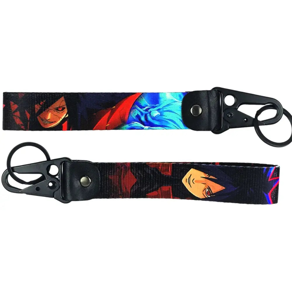 Black fabric keychain with anime figure eagle print and black metal keyring carabiner clip featuring eagle beak design