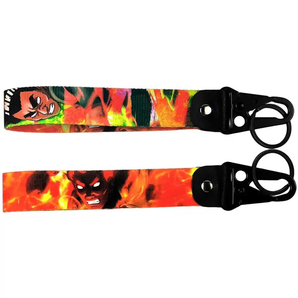 Vibrant anime figure eagle keychain with eagle beak design on fabric straps and black metal keyring clips