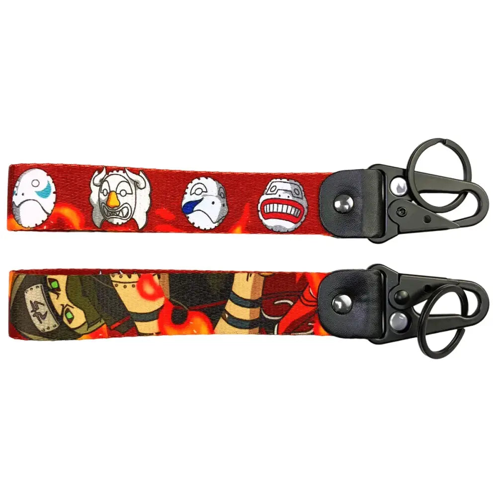 Red and black fabric keychain with anime figure eagle prints featuring a metal keyring and eagle beak design