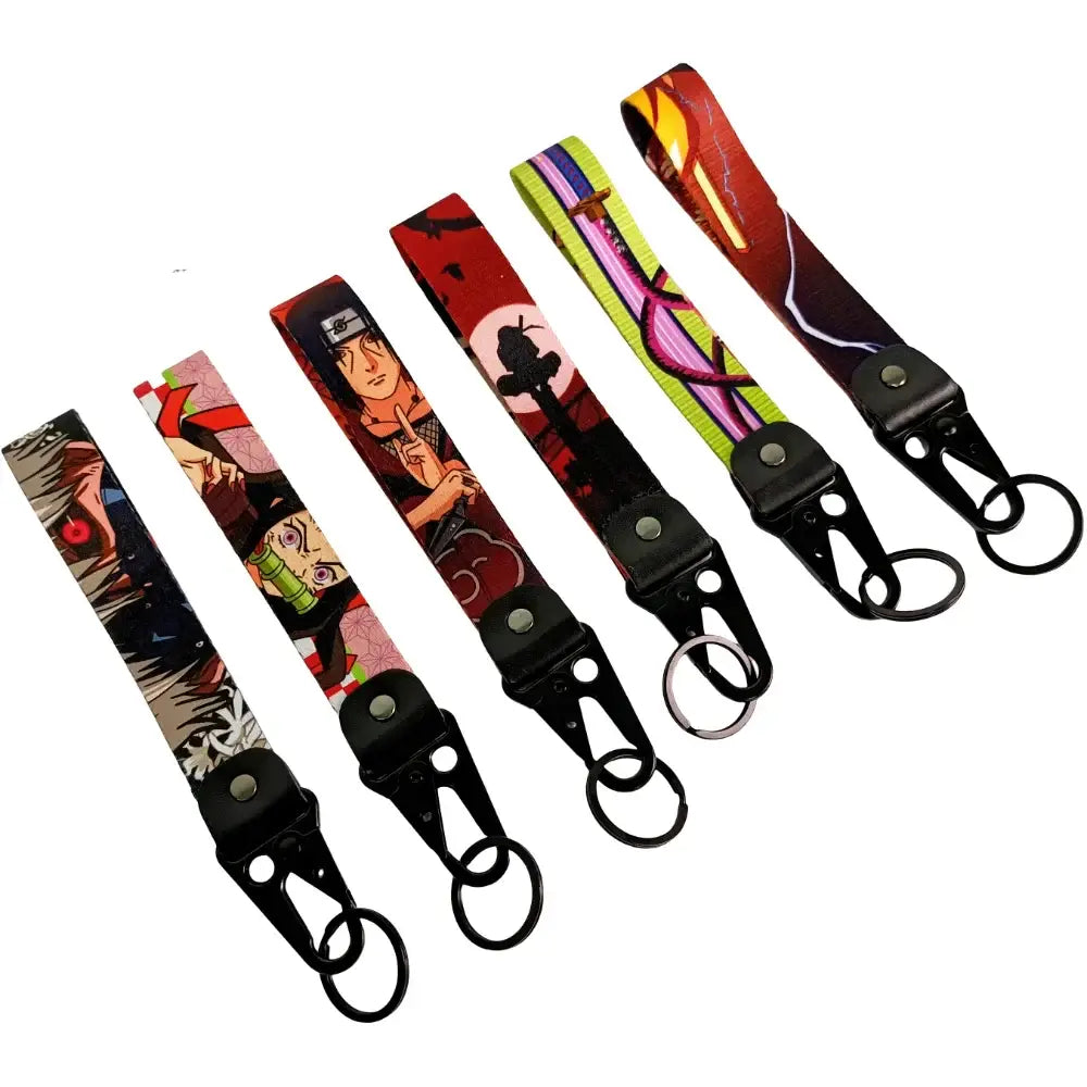 Six colorful anime figure eagle keychains with eagle beak design and black metal keyring clasps