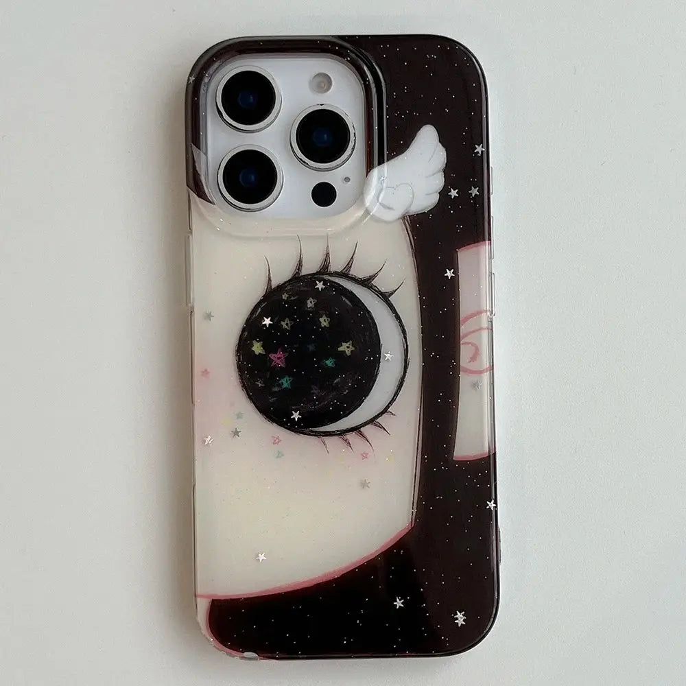 Translucent phone case back featuring anime girl design with glittering crescent moon eyes and white angel wings on dark background