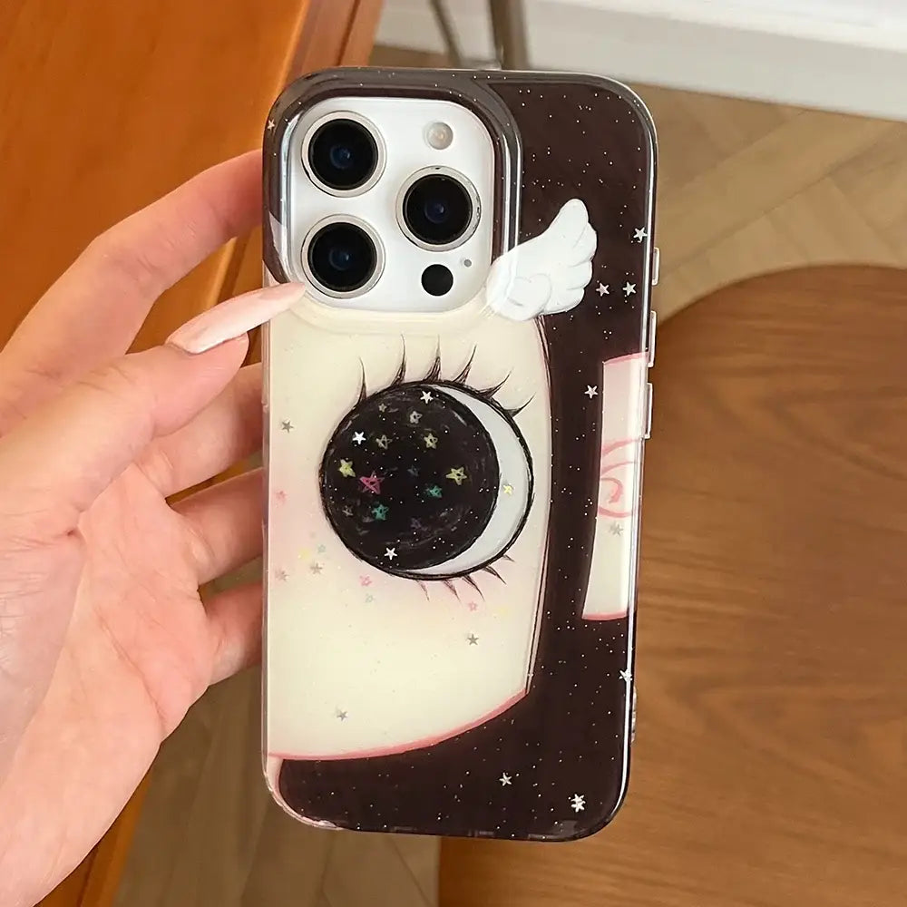 Black and white anime girl phone case with large eye, glittering stars in pupil, and small wings on back cover